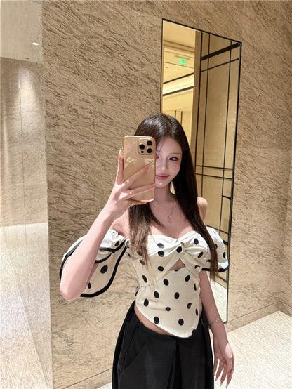 25Oct. 氣質波點多穿可拆抹胸上衣/寬鬆休閒黑色闊腿褲