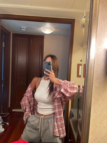 25Oct. 寬鬆休閒通勤格紋襯衫 紅