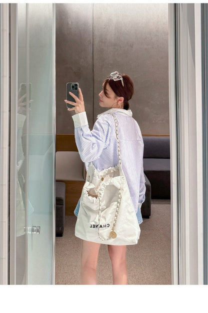 25Sep. 時髦手工釘珠條紋撞色襯衫