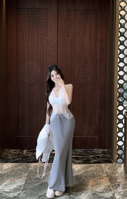 25Oct. 通勤首領 微透蕾絲拼接襯衫/條紋抽繩半身裙