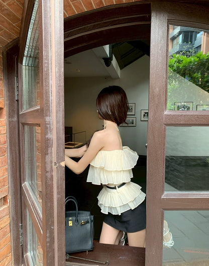 25Oct. Top 玫瑰漫野荷葉抹胸上衣蛋糕裙套裝