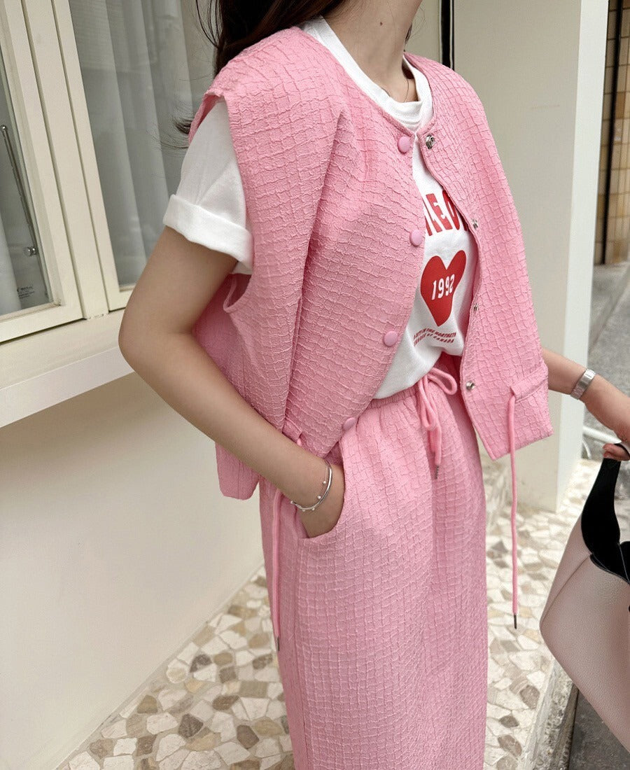 25Sep. 休閒華夫格抽繩可調式馬甲半身裙套裝 粉/黑