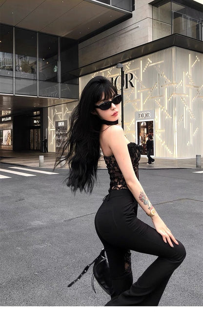25Oct. Chill蕾絲純欲復古抹胸/修身蕾絲拼接喇叭褲 黑