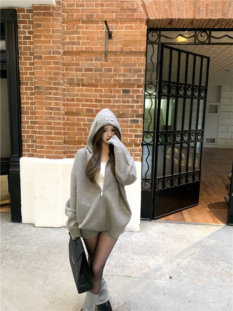 25Oct. 穿不膩舒適不用想灰色毛帽針織套裝