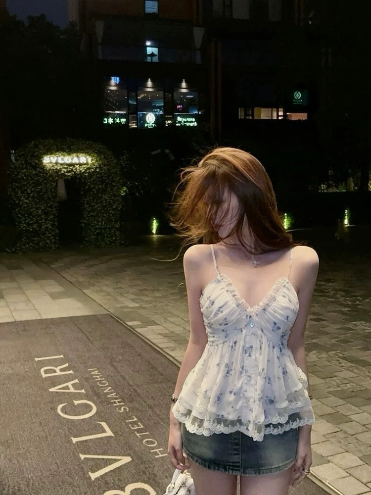 25Oct. 純慾碎花蕾絲 V領褶皺雪紡背心