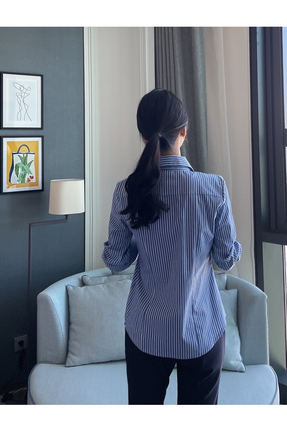25Sep. 韓Chic簡約不規則側扣條紋襯衫 藍
