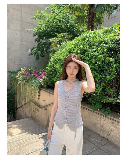 25Oct. 回頭率密碼韓系薄款針織飄帶背心 灰