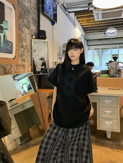 25Oct. 古著女孩黑色8號短袖上衣/格紋拼接半身裙