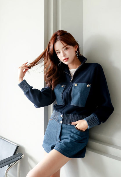 25Sep. 休閒打欖牛仔拼色雙口袋棒球外套