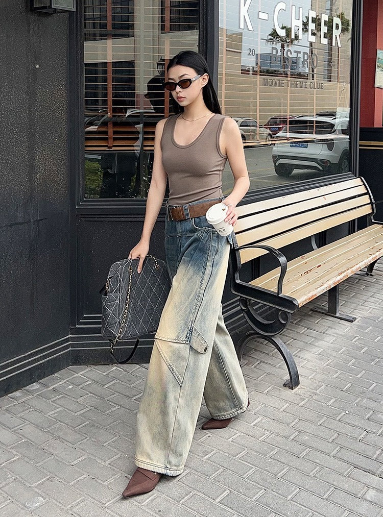 25Oct. 紙飛機牛仔褲 泥染漸變土廢風闊腿褲