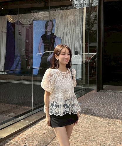 25Sep. 氣質蕾絲泡泡袖花邊上衣 杏