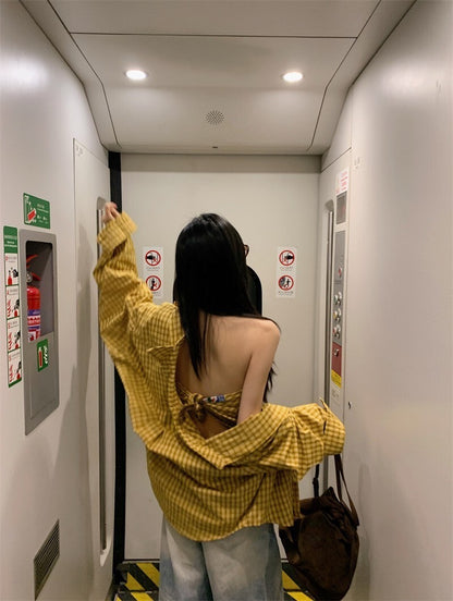 25Oct. Too bad~韓系復古黃格紋襯衫三角抹胸套裝