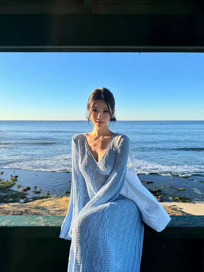 25Oct. 海邊度假 歐美出片高級藍針織縷空裙