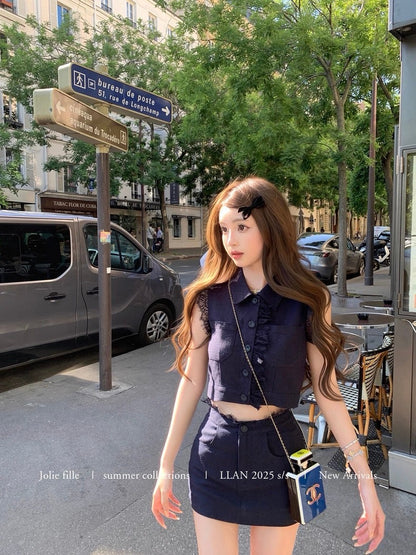 25Oct. 甜心香香VTG 復古蕾絲拼接亞麻套裝 藏藍