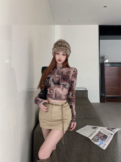 25Oct. 古巴辣妹 復古透紗印花打底上衣/卡其半身裙