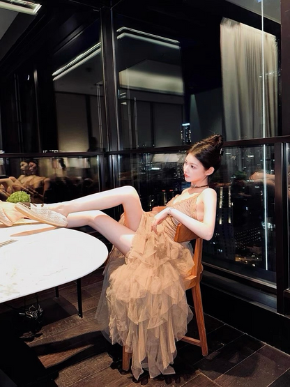 25Oct. 派對尤物 輕奢多層網紗拼接泡泡連身裙 咖