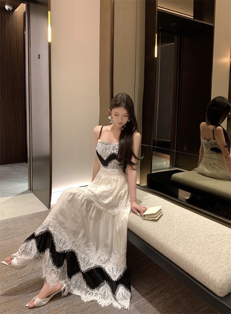 25Oct. 白雀蕾絲 優雅撞色大裙擺連身裙
