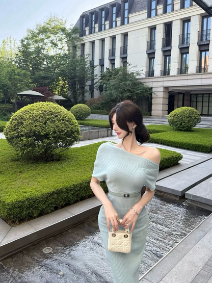 25Oct. 人間夢露氣質收腰法式紙片裙 湖水綠/白