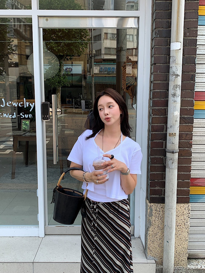 25Oct. 慵懶度假斜條紋中腰抽繩半身裙 棕