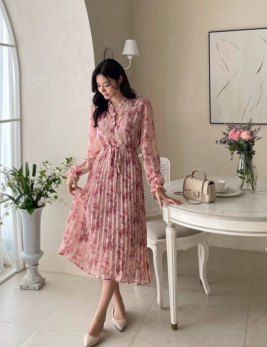 25Sep. 高雅知性熟女百褶雪紡印花連身裙 粉花/淡藍