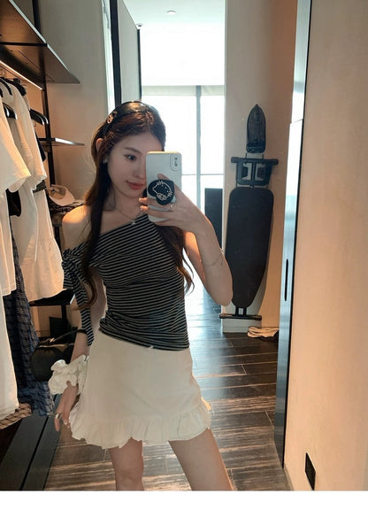 25Oct. 漢南洞時髦歐膩氣質斜肩綁帶上衣 條紋