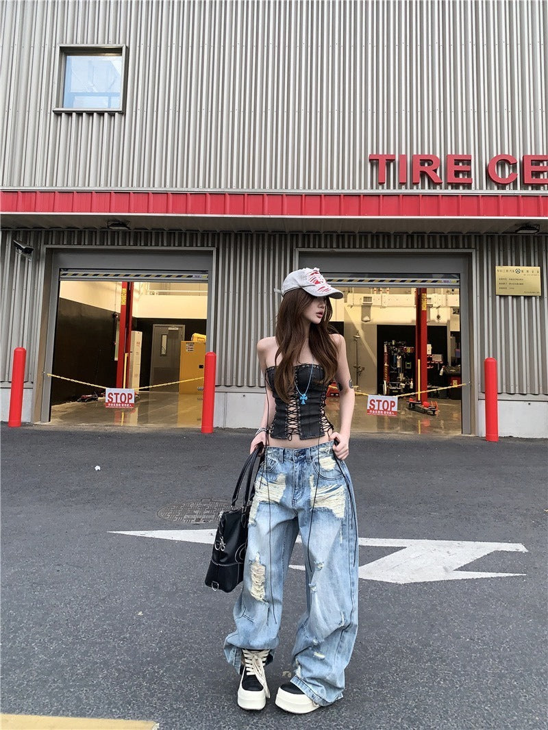 25Oct. 超級辣妹 美式縷空可調皮抹胸/刷破仿舊闊腿牛仔褲