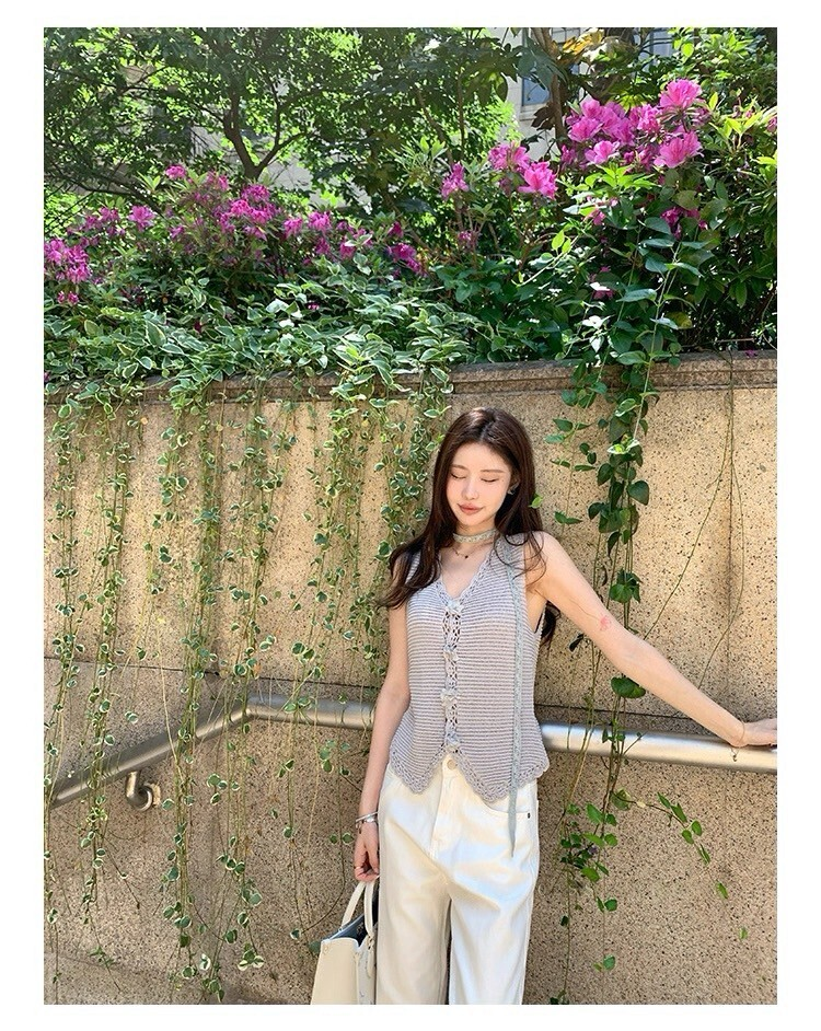 25Oct. 回頭率密碼韓系薄款針織飄帶背心 灰