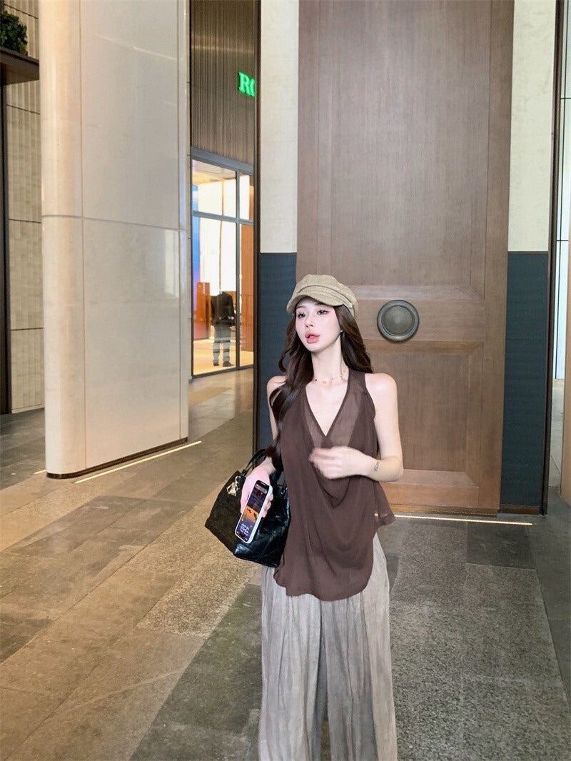 25Oct. 愛上老錢 咖色雙交錯透紗背心/壓褶山本褲