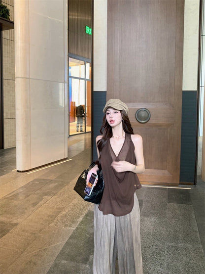 25Oct. 愛上老錢 咖色雙交錯透紗背心/壓褶山本褲