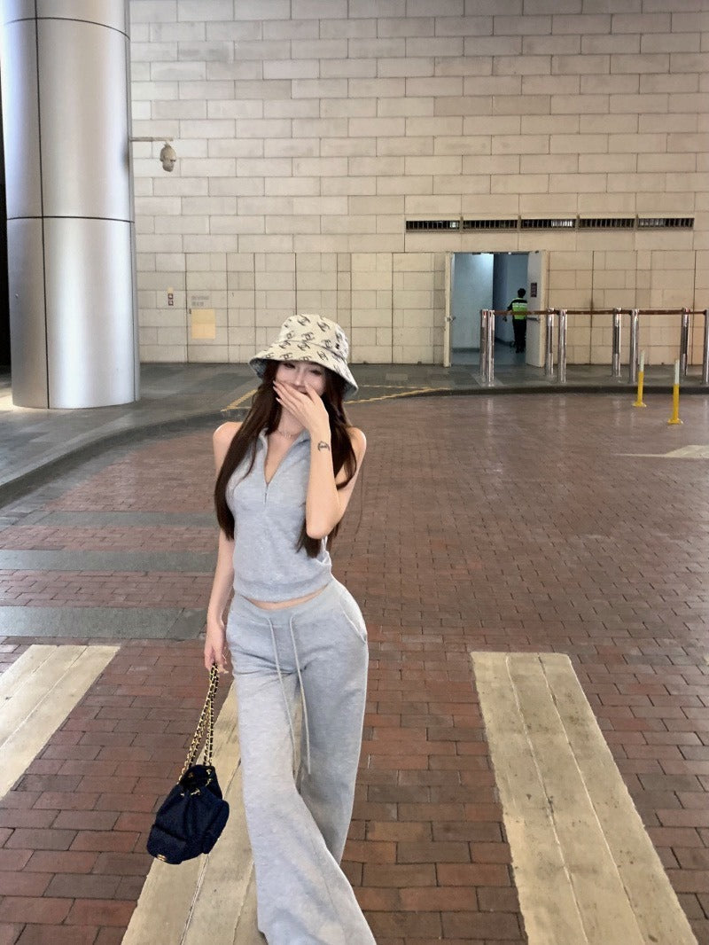 25Oct. 美式日常空氣棉袖襯立領背心/抽繩休閒褲 灰色