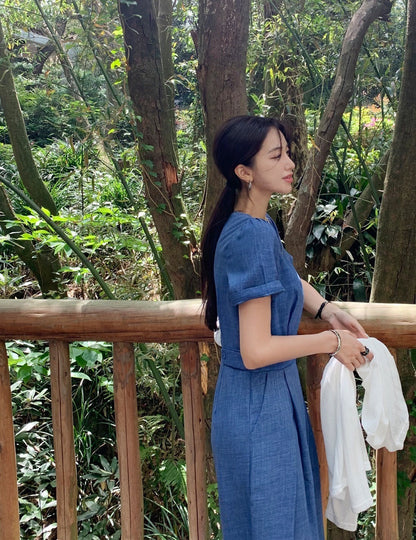 25Sep. 時髦丹寧藍修身圓領短袖連身褲