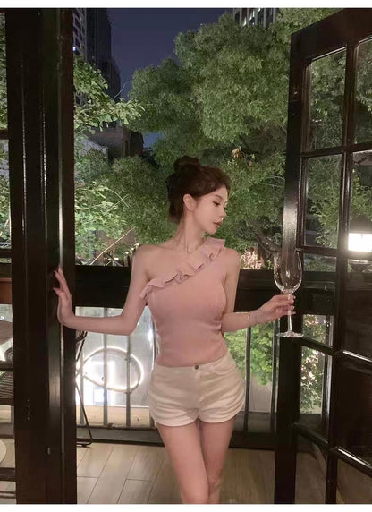 25Oct. 浪漫至上 心動荷葉斜肩針織上衣 粉