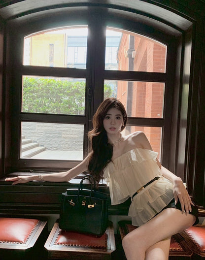 25Oct. Top 玫瑰漫野荷葉抹胸上衣蛋糕裙套裝