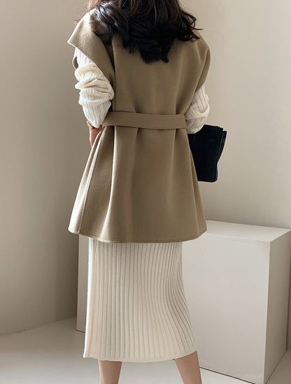 25Sep. 通勤百搭繫帶雙面羊呢外套 卡其/黑