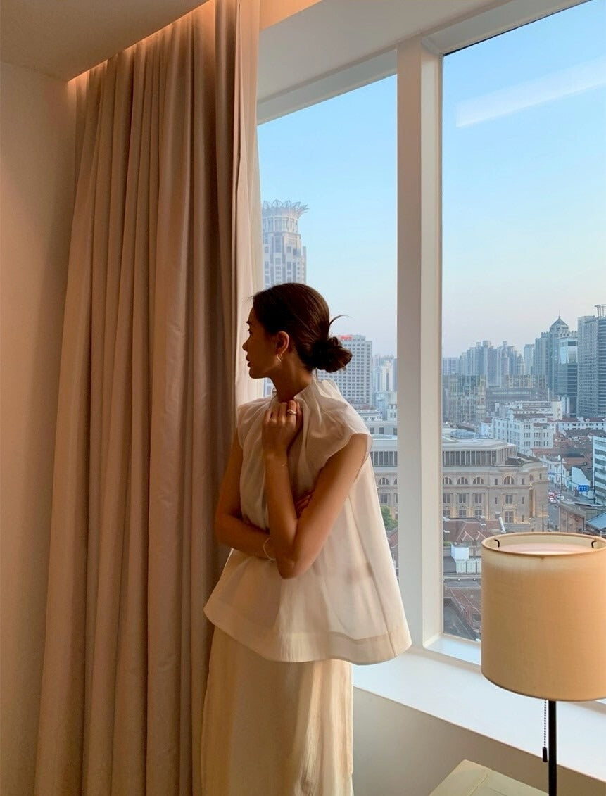 25Sep. 法式可人天絲褶皺領背心上衣 白/黑