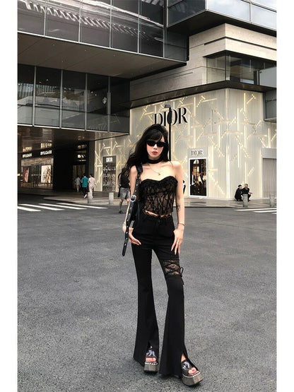 25Oct. Chill蕾絲純欲復古抹胸/修身蕾絲拼接喇叭褲 黑