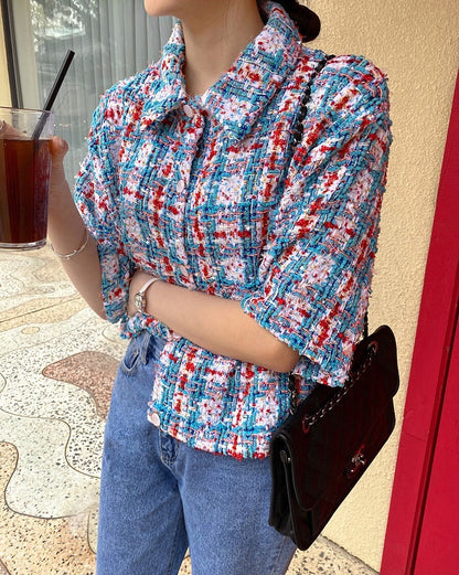 25Sep. 韓國鄉園亮絲奢彩中袖小香外套 藍/綠