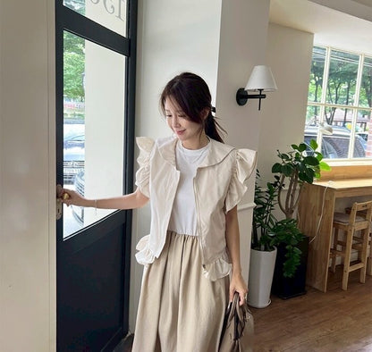 25Sep. 摩登海軍領小飛袖拉鍊馬甲 杏/黑