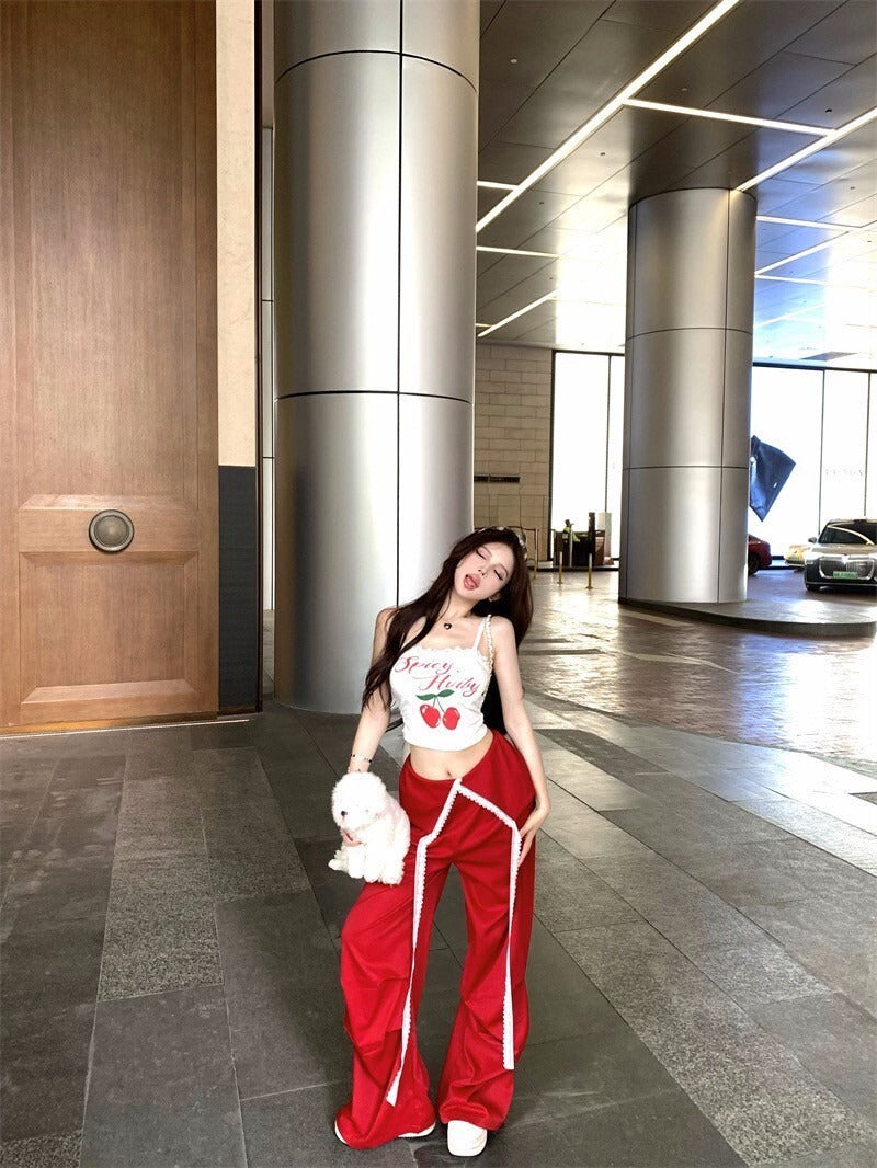 25Oct. Cherry girl美式印花蕾絲背心/紅色炸街休閒褲