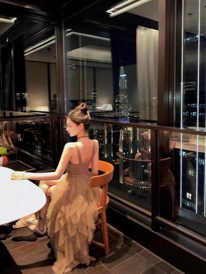 25Oct. 派對尤物 輕奢多層網紗拼接泡泡連身裙 咖