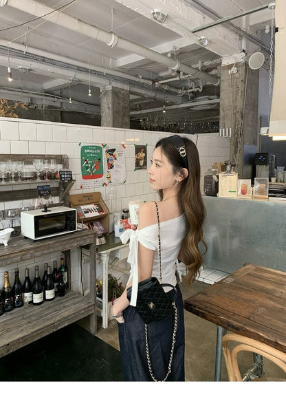 25Oct. 漢南洞時髦歐膩氣質斜肩綁帶上衣 白色/藏藍