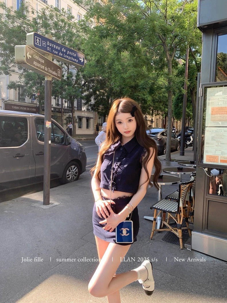 25Oct. 甜心香香VTG 復古蕾絲拼接亞麻套裝 藏藍