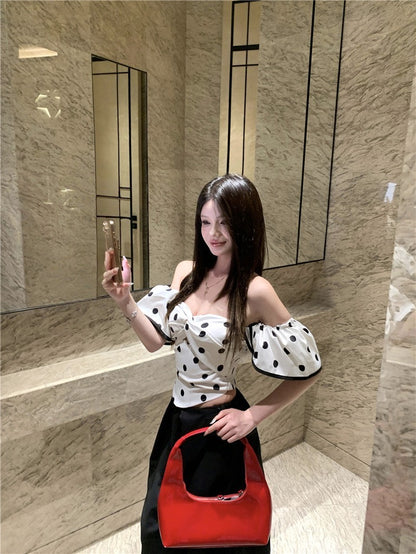 25Oct. 氣質波點多穿可拆抹胸上衣/寬鬆休閒黑色闊腿褲