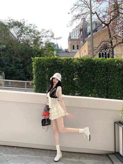 25Oct. 獨寵甜兒 氣質鈎花針織上衣/蛋糕半身裙 杏白