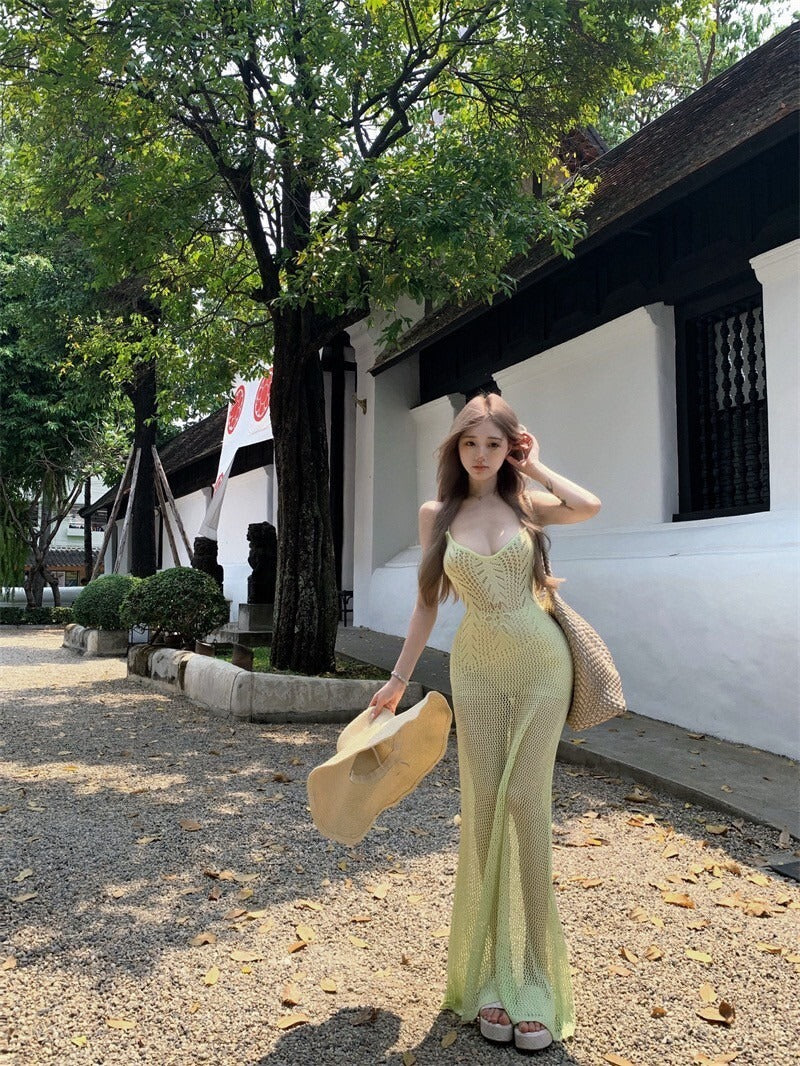 25Oct. 歐美性感粗針度假疊穿連身裙 綠黃色