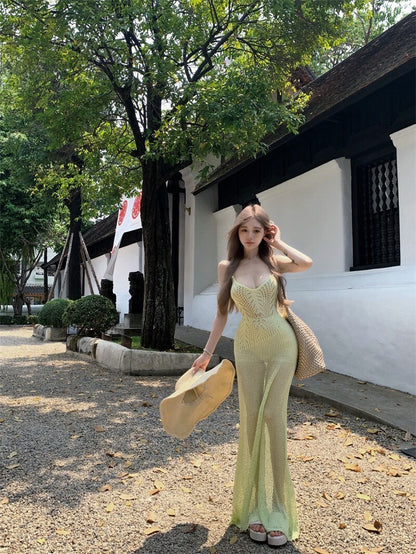 25Oct. 歐美性感粗針度假疊穿連身裙 綠黃色