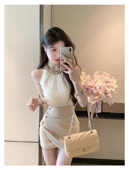 25Oct. 氣質金秘書法則鑽黏雪紡上衣高腰交錯半身裙套裝