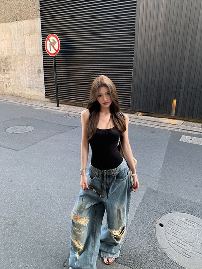 25Oct. 歐美辣妹低U連體上衣/炸街刷破仿舊闊腿牛仔褲