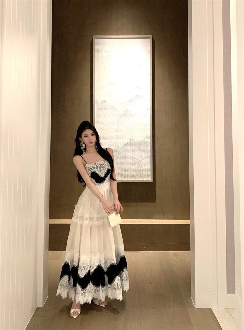25Oct. 白雀蕾絲 優雅撞色大裙擺連身裙