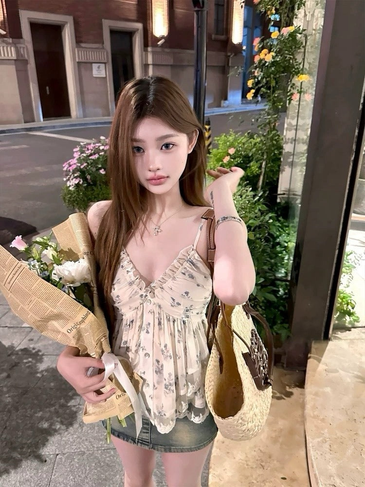 25Oct. 純慾碎花蕾絲 V領褶皺雪紡背心